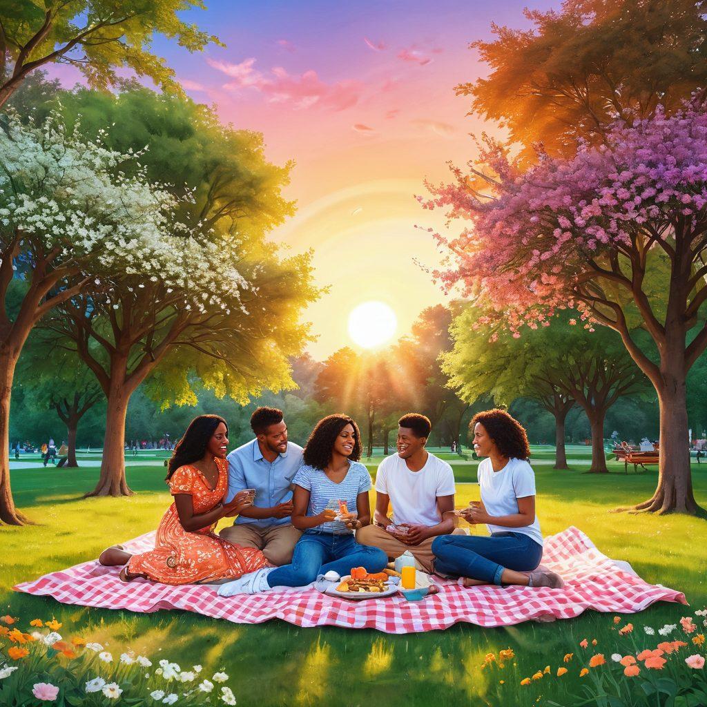 A vibrant illustration of two diverse couples enjoying a picnic in a park, surrounded by blooming flowers and a radiant sunset. The couples are expressing affection, showcasing joy and connection, with rainbow themes subtly integrated into the scene. The background features soft, flowing trees and twinkling fairy lights, creating a warm and inviting atmosphere. Illustration style should evoke feelings of harmony and celebration. vibrant colors. super-realistic.