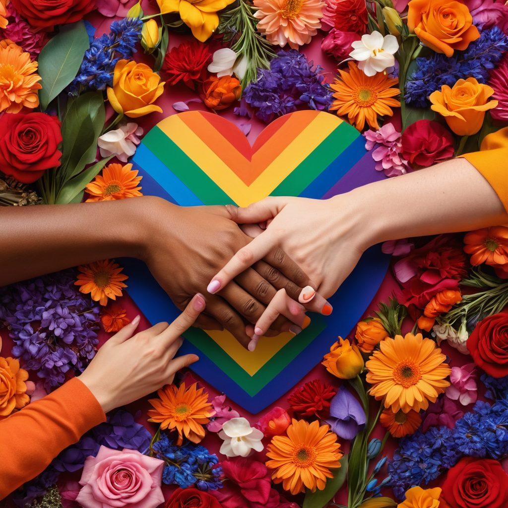 A vibrant collage depicting diverse couples in intimate moments, showcasing various LGBTQ+ relationships. Include elements like hand-holding, laughter, and shared experiences in different settings, symbolizing connection and love. The background should be filled with a spectrum of colors representing diversity and inclusivity. Add subtle hearts and flowers to evoke warmth and affection. super-realistic. vibrant colors.