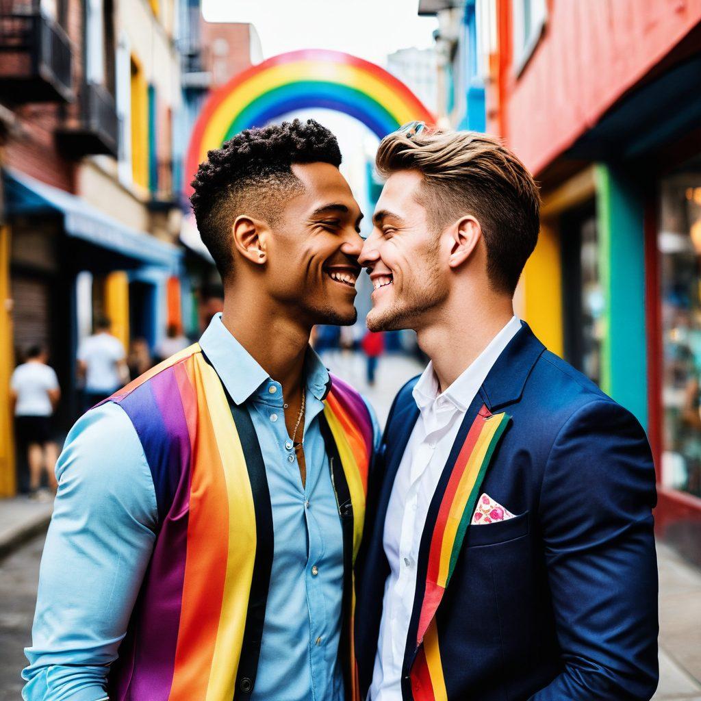 A vibrant scene showcasing two men sharing an intimate moment in a lively urban setting, with playful body language and genuine smiles. Surround them with symbols of love and freedom, like rainbow colors, heart motifs, and abstract art in the background. Incorporate elements of lifestyle choices, such as trendy fashion and modern cafés. The atmosphere should be warm and inviting, capturing the essence of gay romance. super-realistic. vibrant colors. urban vibe.